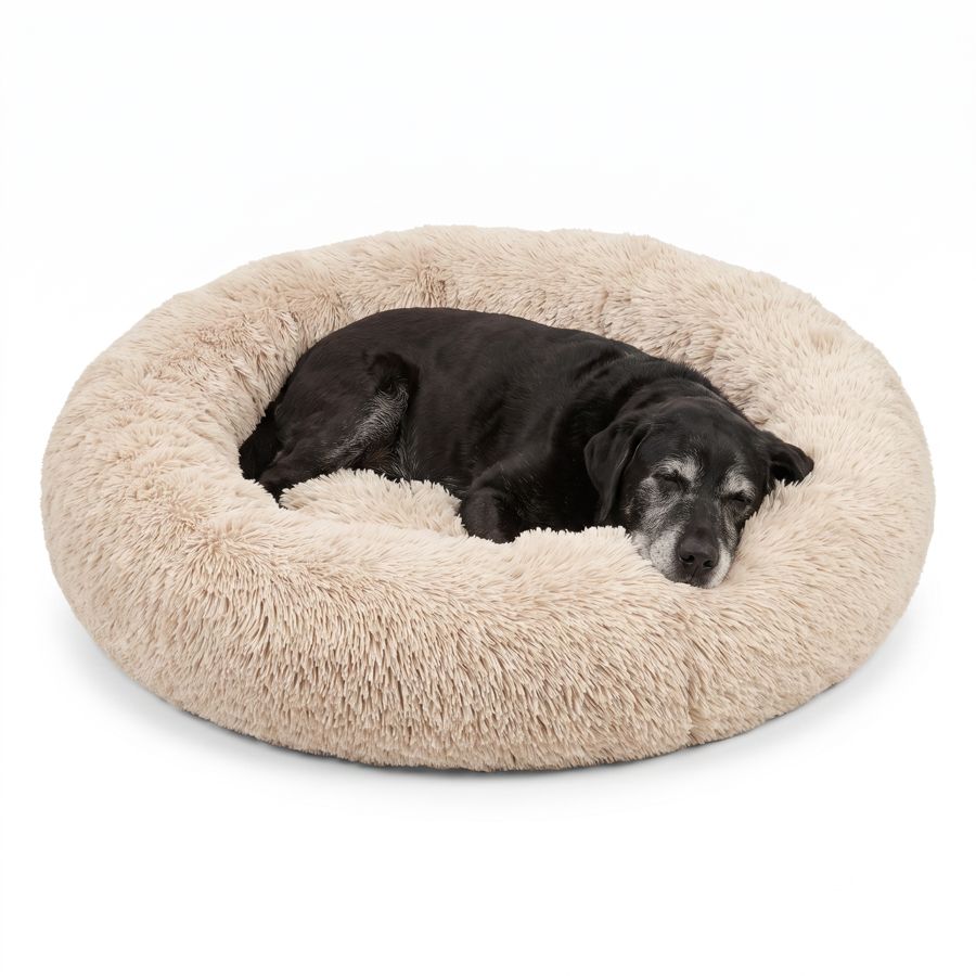 Äldre svart labrador som sover i en beige CalmBed