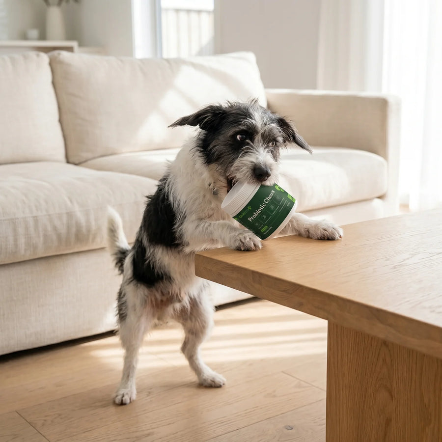 Glad hund som får sina dagliga probiotiska tuggisar