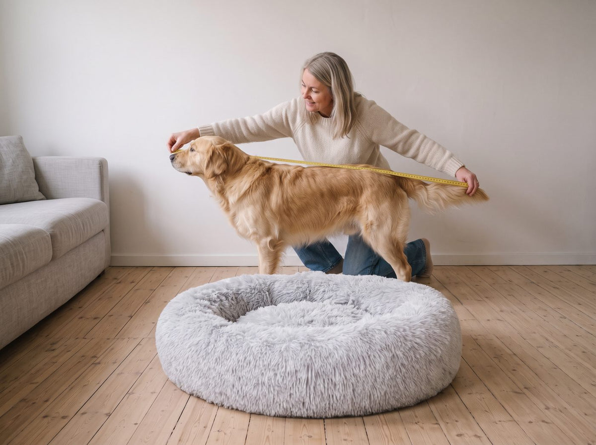 Kvinna som mäter sin golden retriever från nosen till svansroten, med en stor, rund hundbädd på golvet framför